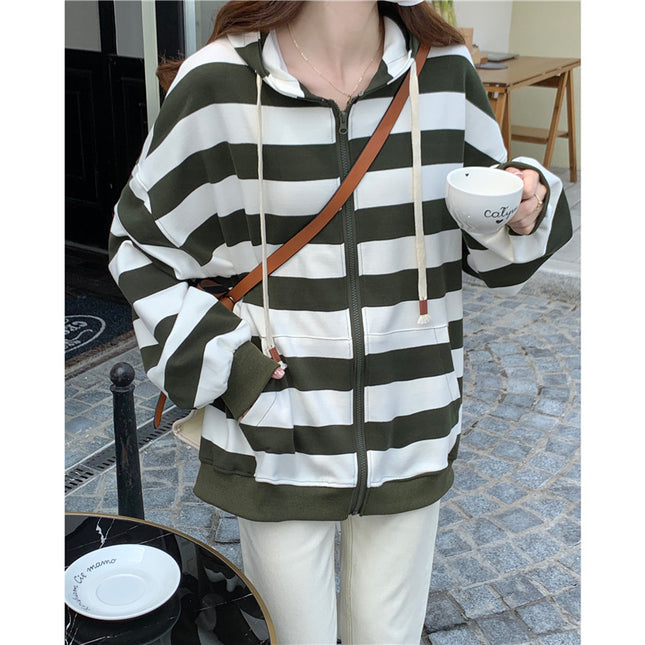Striped Hooded Sweater Women's Loose Cardigan Zipper Coat