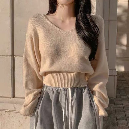 Solid Color And V-neck Side Buckle Waist Slimming Versatile Spring Top