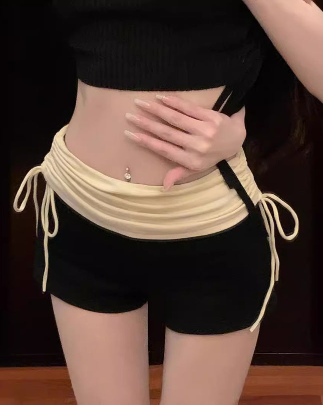 Women's Summer Pleated High Waist Contrast Color Drawstring Casual Shorts