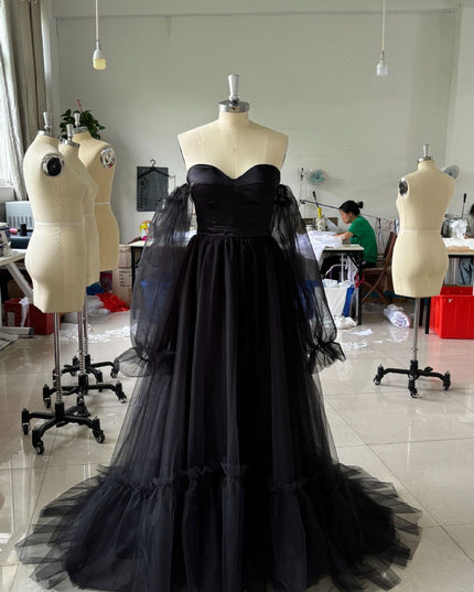 Women's Long Sleeve Transparent Lace Black Wedding Dress