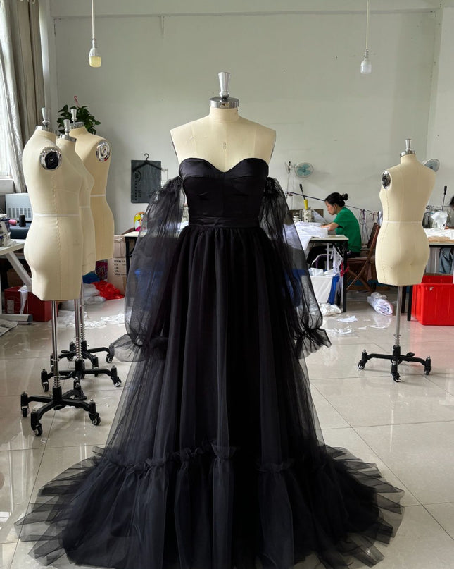 Women's Long Sleeve Transparent Lace Black Wedding Dress