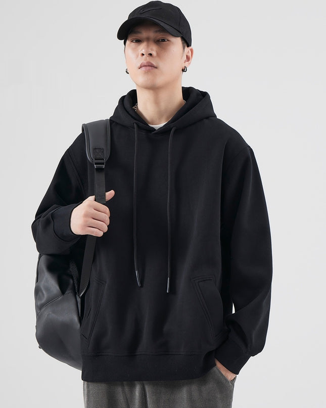 Spring And Autumn Velvet Padded Hooded Sweatshirt Men's Solid Color Pullover Hoodie Jacket