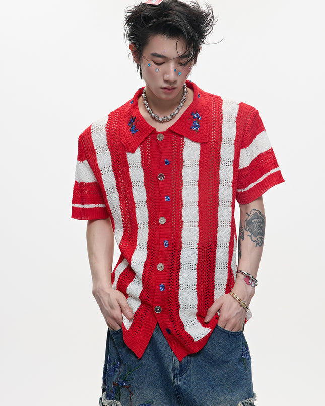 Men's Patchwork Striped Niche Retro Knitted Short Sleeved Shirt