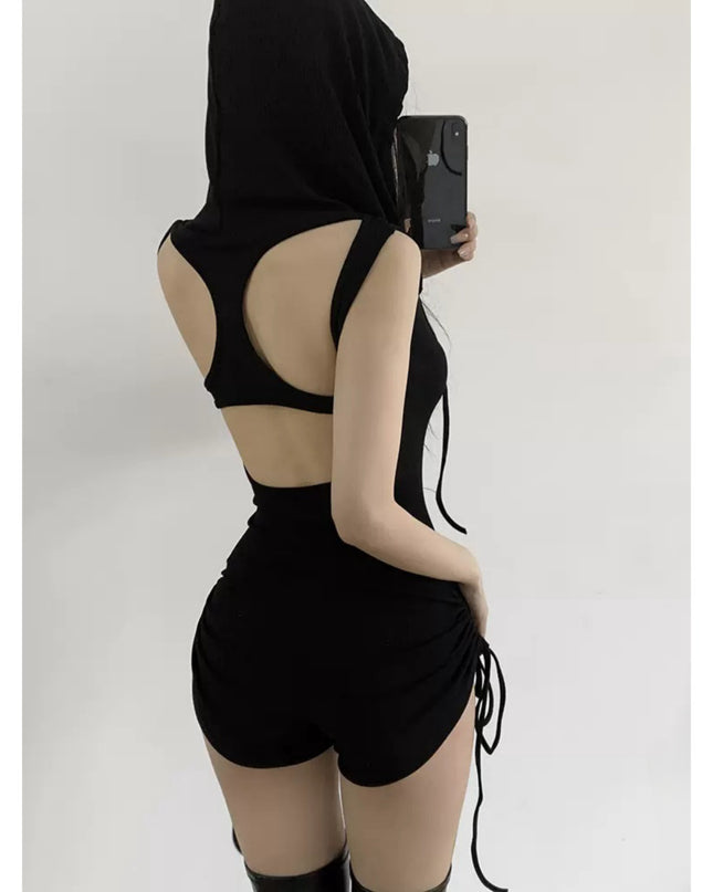 Hooded Drawstring Slim Sleeveless Backless Fitness One-piece Shorts