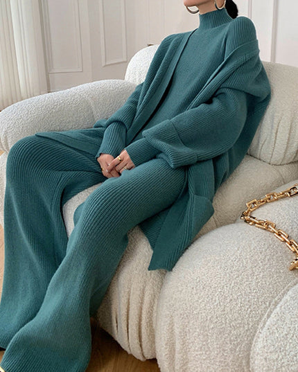 Women's Knitted Wide-leg Pants Sweater Cardigan Three-piece Set