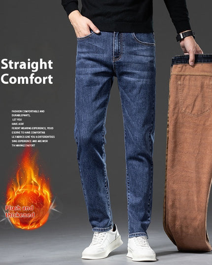 Fleece Padded Jeans Men's Straight Slim Elastic Thickening