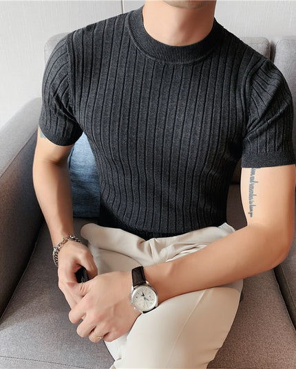 Thin Solid Color Half Turtleneck Dark Stripe Knit Short Sleeves
