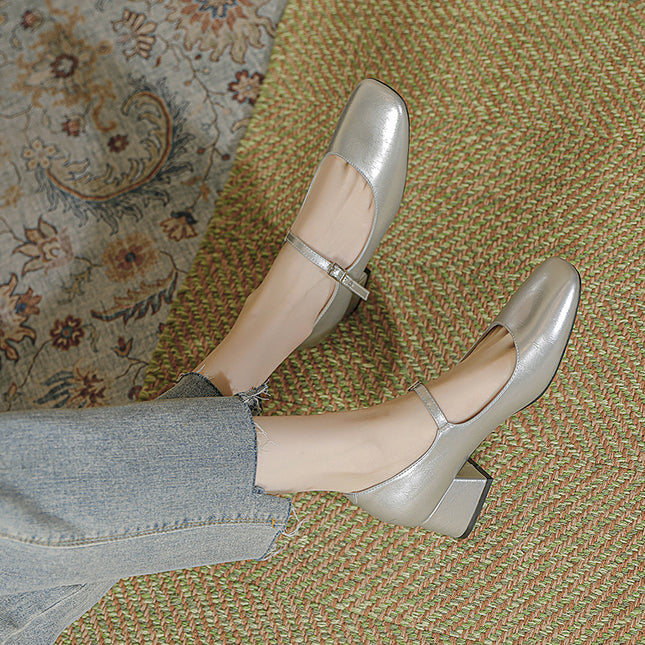 Square Toe Patent Leather Buckle With Pearl Mary Jane Shoes Women