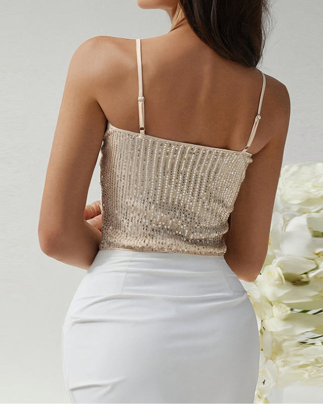 Adjustable Back Shoulder Strap Sleeveless Hollow Backless Sequin Sling
