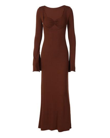 U-shaped Collar Long Sleeve Waist-tight Maxi Dress