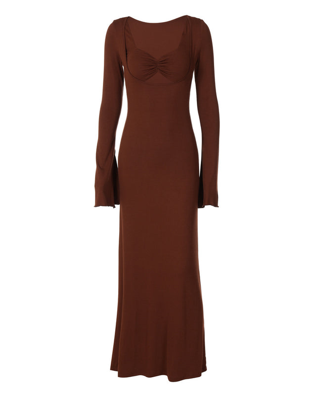 U-shaped Collar Long Sleeve Waist-tight Maxi Dress