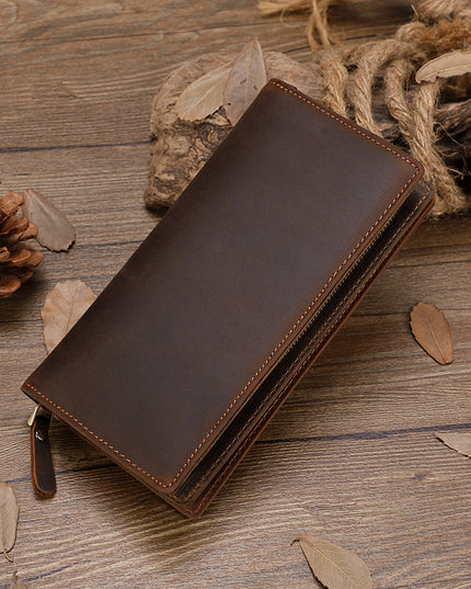 Cowhide Zipper Large Capacity Multiple Card Slots Crazy Horse Leather Long Wallet Men