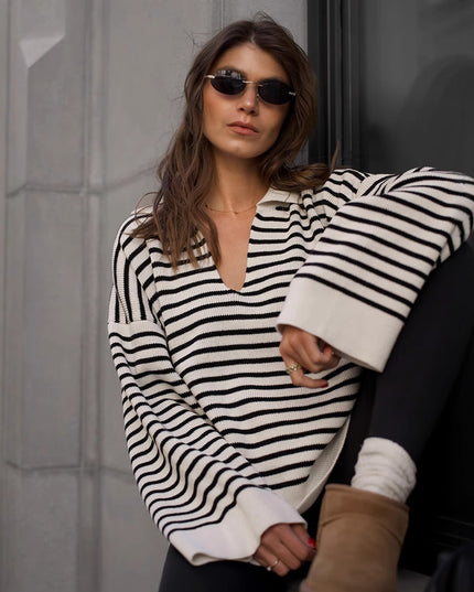 Striped Long Sleeve Loose Pullover Sweater For Women