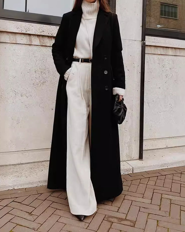 Autumn And Winter European And American Leisure Long Pure Color Warm Keeping Woolen Coat Women