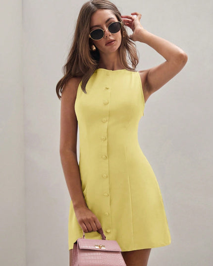 Women's Solid Color Temperament Breasted Sleeveless Dress