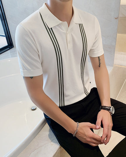 Men's Short Sleeve Knit Sweater Lapel T-shirt Teen Pullover