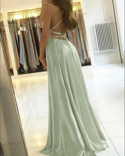 Elegant Women Maxi Beach Satin Dress Leg Slit Lace Up