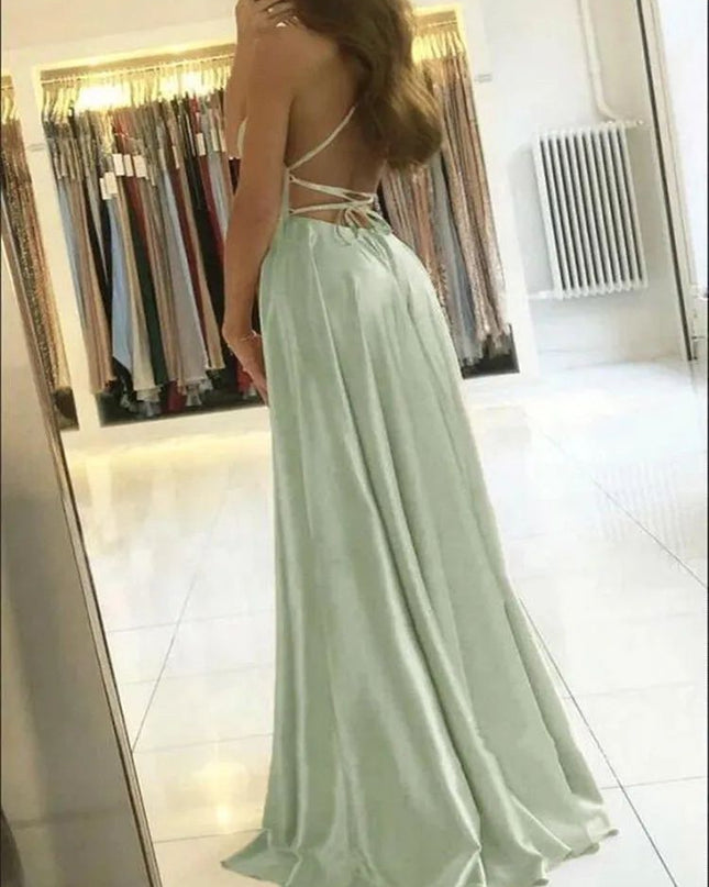 Elegant Women Maxi Beach Satin Dress Leg Slit Lace Up