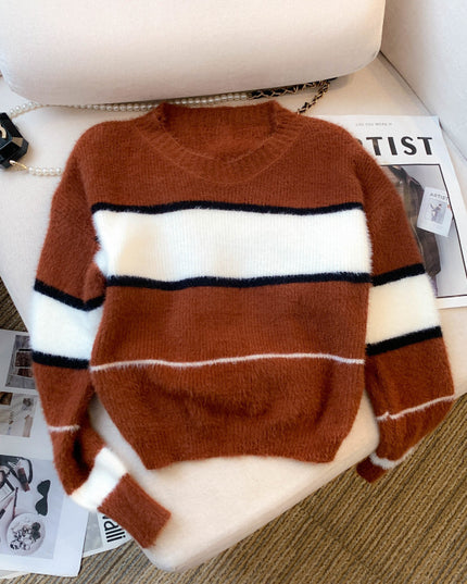Mera Sweater Korean Casual Loose Contrast Color Striped Short Style