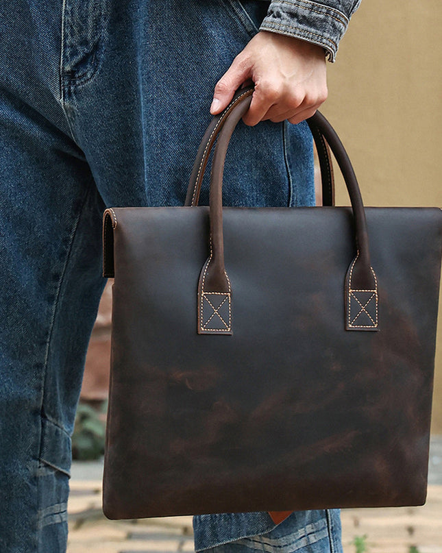 Crazy Horse Leather Men's Handbag Thin And Portable