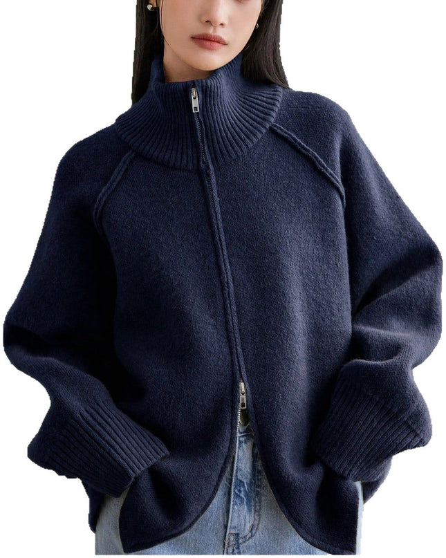 Solid Color Stand Collar Zipper Knitted Cardigan Top