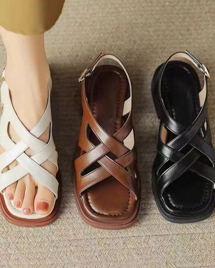 Women's Patent Leather Low Heel Square Toe Beach Sandals
