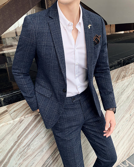 Men's Casual Suit Fashion Plaid Two-piece Set