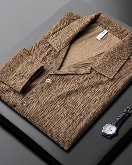 High-grade Cuban Collar Pleated Shirt Men's Long Sleeve