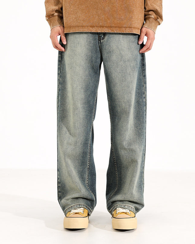Washed Worn Men's Loose Wide-Leg Jeans | Straight Fit Blue Denim Pants