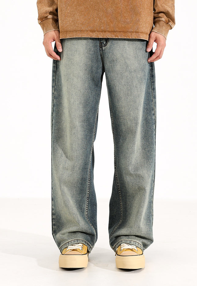 Washed Worn Men's Loose Wide-Leg Jeans | Straight Fit Blue Denim Pants
