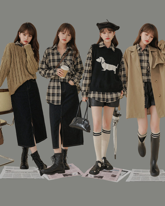 Loose ThinVersatile Long-sleeved Design Niche Plaid