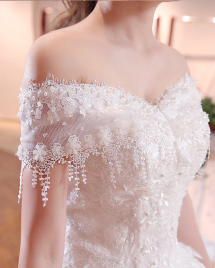 Shoulder-to-shoulder Wedding Dress Bridal Lace Plus Size Thin Shoulder Wedding Dress