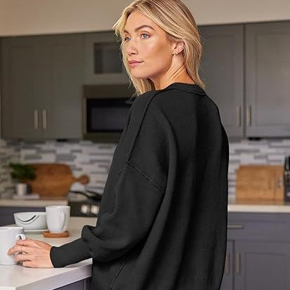 Thick Needle Side Slit Sweater Round Neck Loose Solid Color Batwing Long Sleeve Sweater For Women