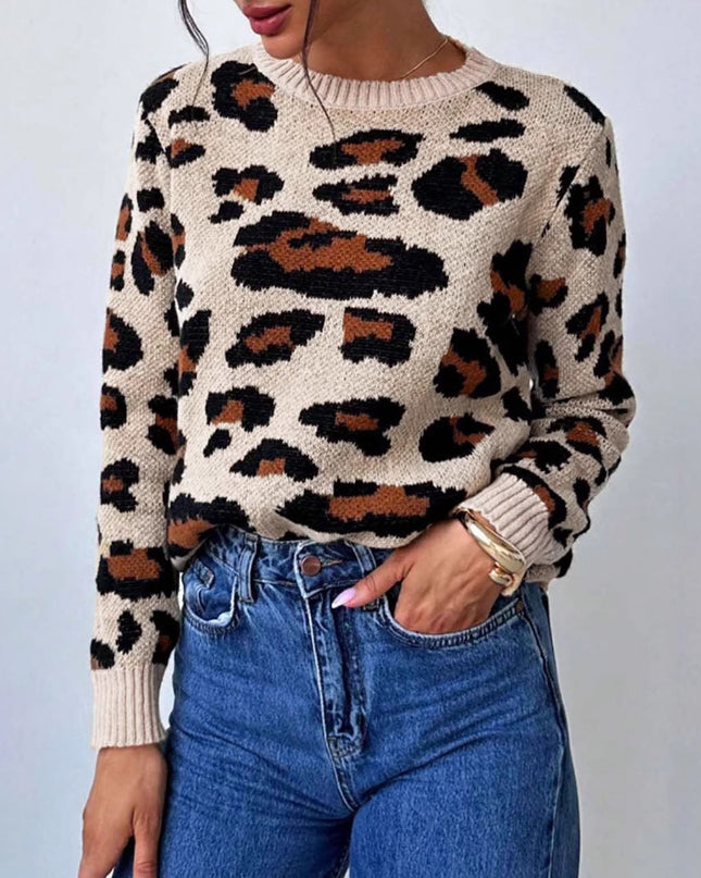 Round Neck Retro Commute Leisure Contrast Color Leopard Print Pullover Sweater