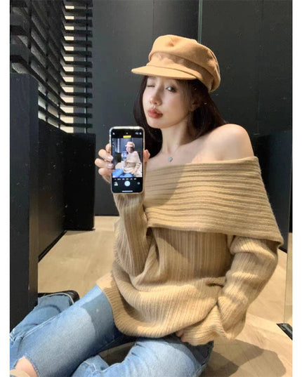 Idle Style Scarf Collar Solid Color Sweater Women's Loose Outer Wear Long Sleeve