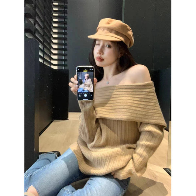 Idle Style Scarf Collar Solid Color Sweater Women's Loose Outer Wear Long Sleeve