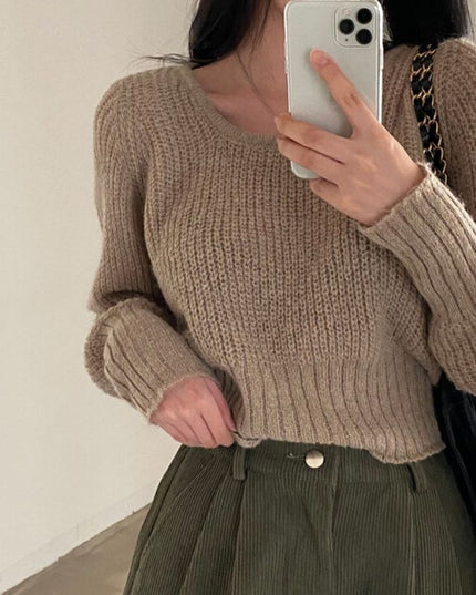 Square-neck Cinched Slimming Pure Color All-matching Fashionable Sweater Women