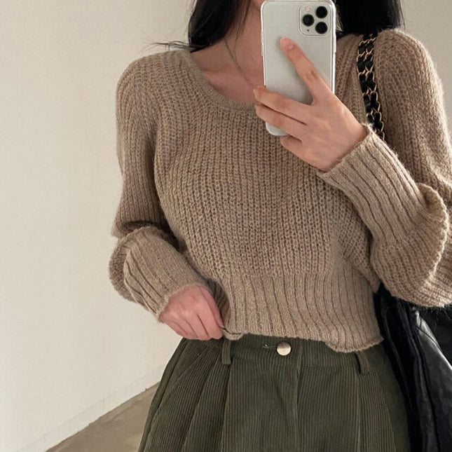 Square-neck Cinched Slimming Pure Color All-matching Fashionable Sweater Women