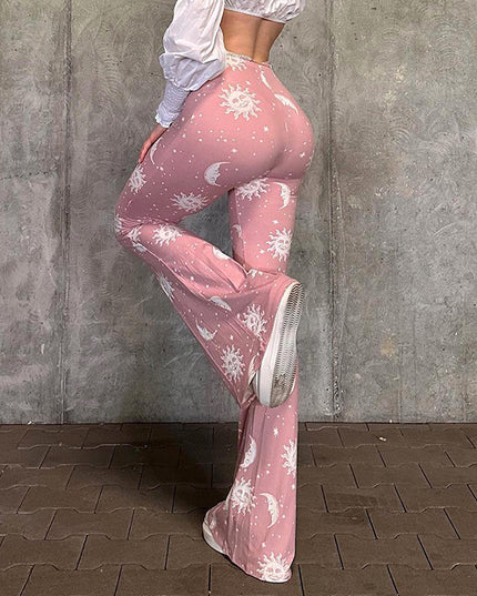 Starry Sun Pattern Printed High Waist Flared Pants