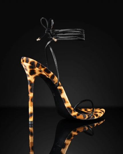 Sandals Pointed Leopard Print Roman Women's Lace Up Shoes