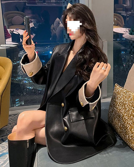 High Sense Black PU Leather Coat Women