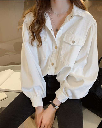 Blouses Shirts Women Spring Pockets Long Sleeve Fashion Solid Korean
