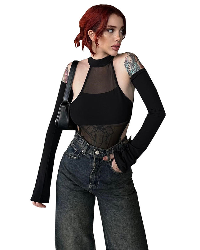 Long Sleeve Crotch Mesh Hollow High Elastic One-piece Women's Top