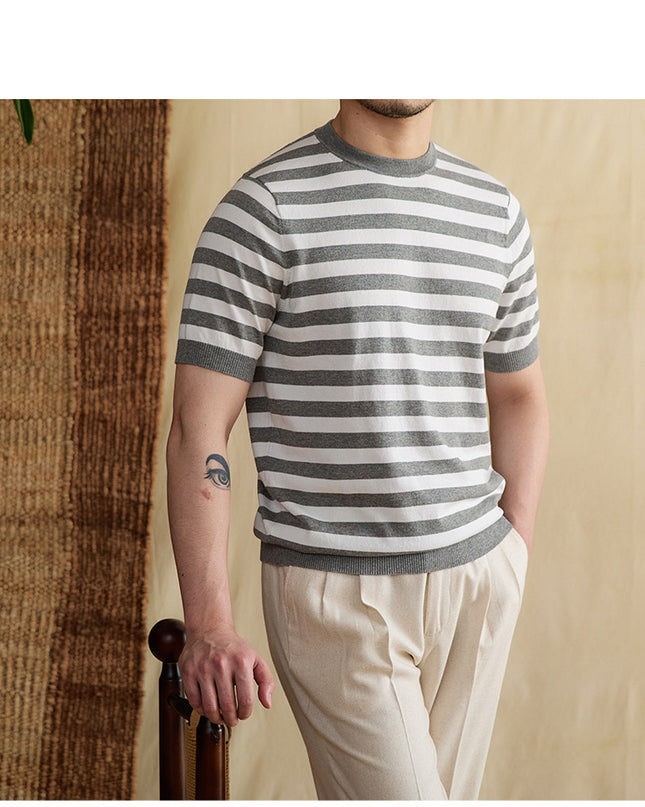 Striped Navy-striped Shirt Breathable Tencel Cotton Round Neck Short Sleeve T-shirt