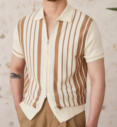 Vintage Stripe Cotton Knitted Short-sleeved Cardigan