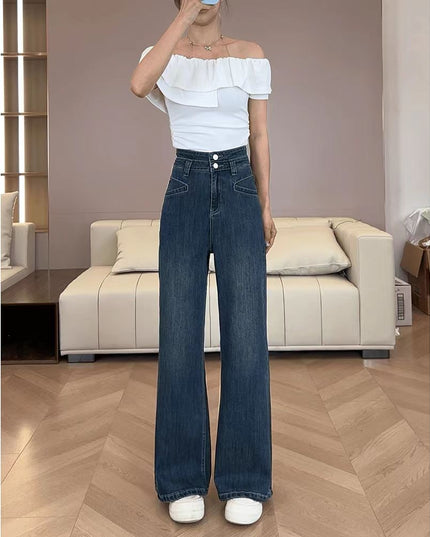 Dark Blue High Waist Drape Denim Wide Leg Pants Retro Pants Slim And Tall Stylish Straight Pants