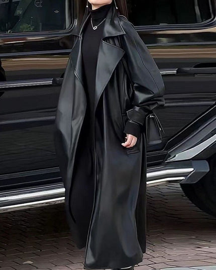 Women's Fashionable Temperament Long Knee Length PU Leather Coat