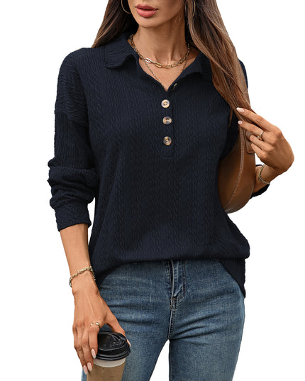Solid Color Polo Collar Button Loose Long Sleeve Sweatershirt