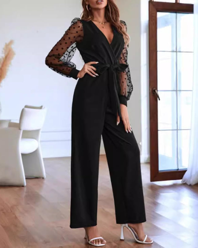 Fashion V-neck Women's Lace Long Sleeve Jumpsuit Belt Elegant Clothing