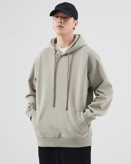 Spring And Autumn Velvet Padded Hooded Sweatshirt Men's Solid Color Pullover Hoodie Jacket
